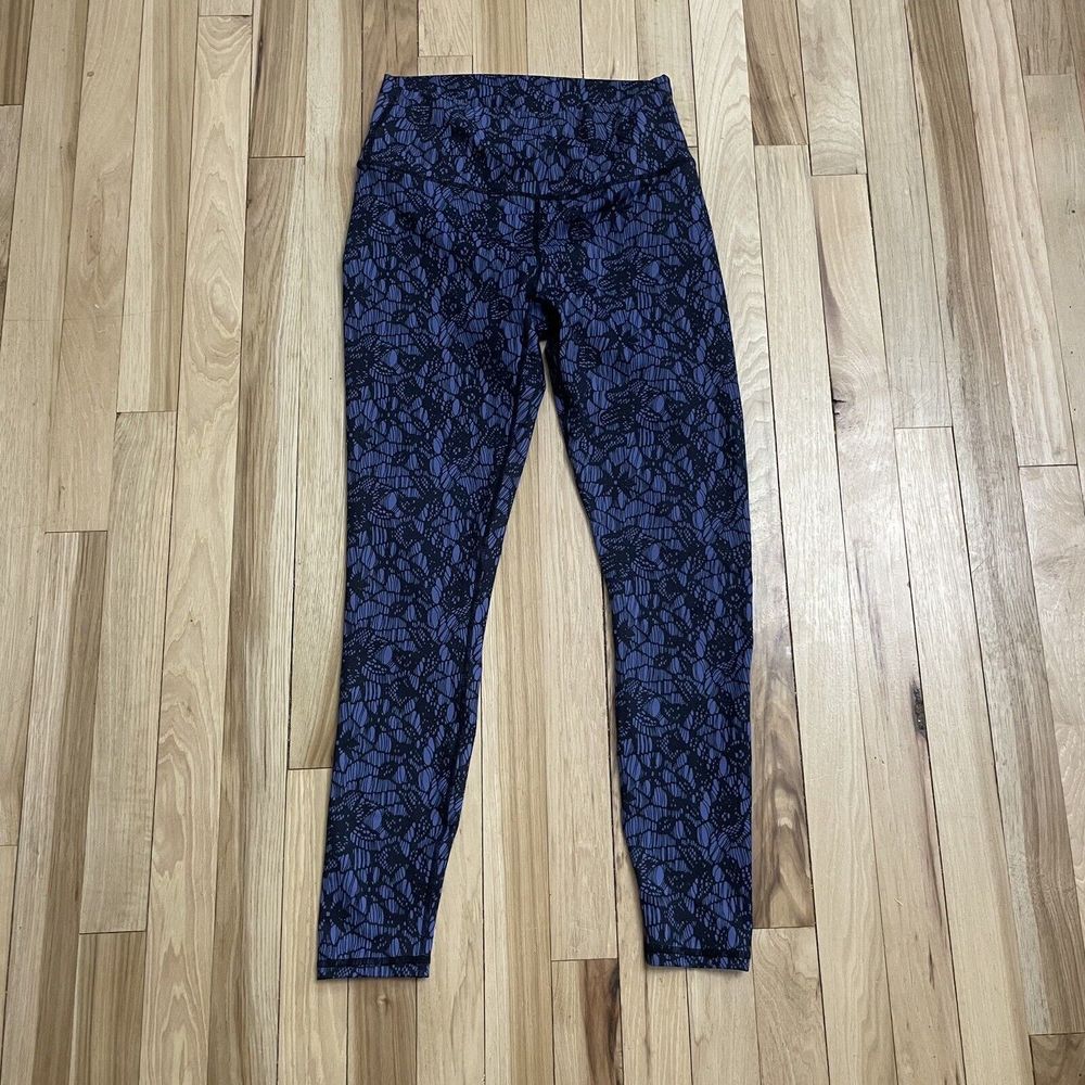 Fabletics Leggings Size Small Purple Black Lace Floral Pattern